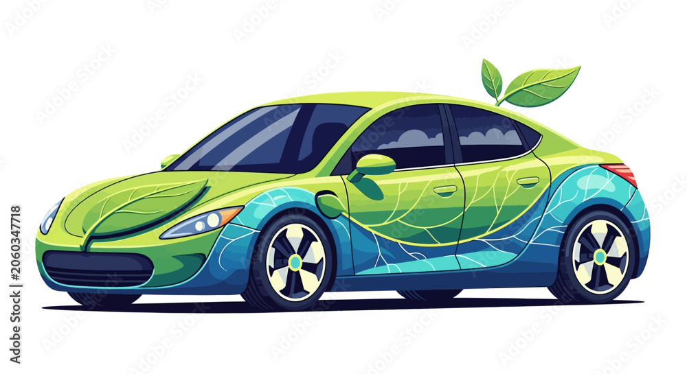 Fototapeta premium Green Electric Car with Leaf Design and Solar Panels. Eco-friendly.