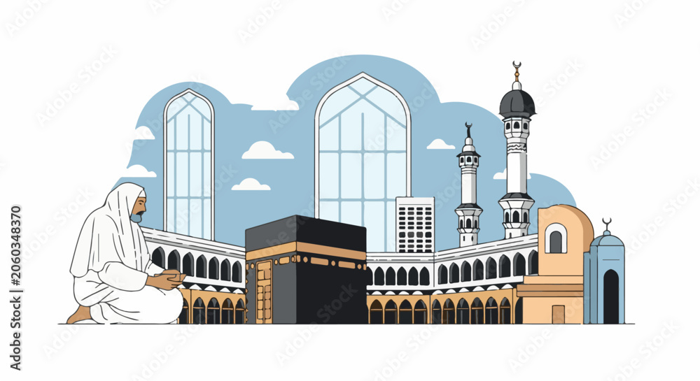 Fototapeta premium A man in white robes kneels before a large building with a black cube