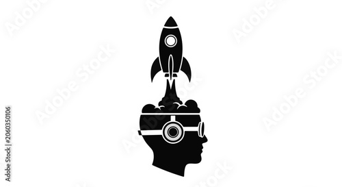 Rocket launching from a human head represents the creative power of new business ideas.