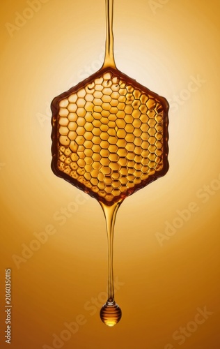 honey dripping from honeycomb on golden background, concept of food, natural products, cosmetics