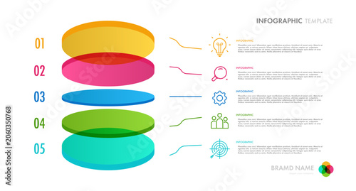 Business infographic circle pyramid 5 step 3d isometric glassmorphism for start up project, business strategy, presentation, theory basic operation, logic analysis vector