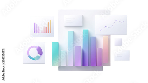 Pastel 3D business analytics dashboard with bar chart donut chart and upward line graph