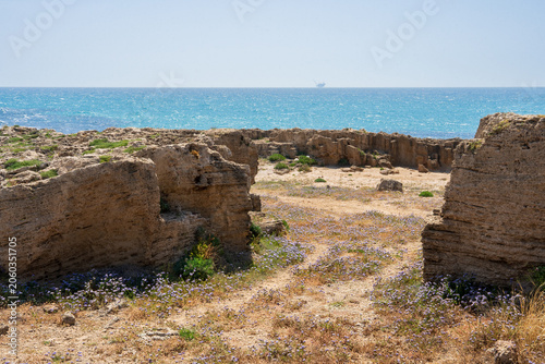Picturesque Mediterranean coastline with turquoise waters, unique kurkar rock formations, and rich marine biodiversity, known for its natural beauty and relaxing atmosphere.