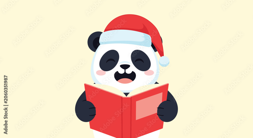 Fototapeta premium Adorable panda bear wearing a red santa claus hat reads a book intently during the festive winter holiday season indoors.