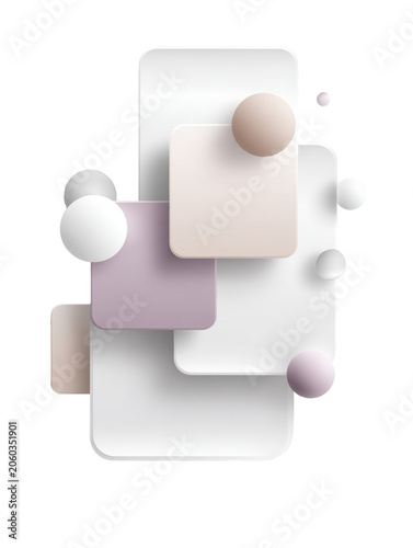 Minimal pastel 3D geometric composition with layered rounded rectangles and floating spheres
