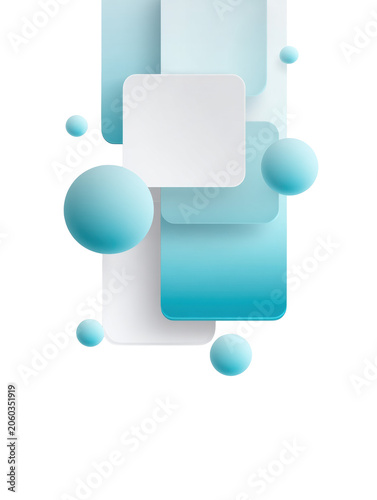 Abstract 3D layered rounded rectangles with floating blue spheres modern minimal geometric backdrop