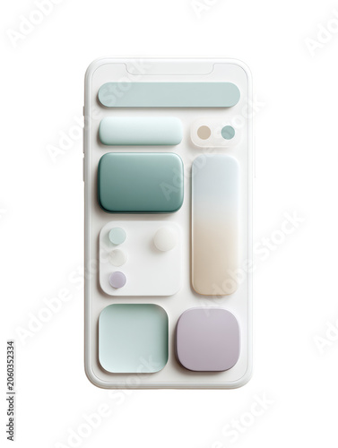 Minimal smartphone UI mockup with pastel 3D rounded widgets and buttons isolated