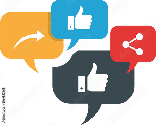 Four colorful speech bubbles with social media for engagement sharing like