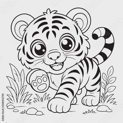 Cute Baby Tiger Cartoon Funny Cartoon Animal Coloring Book Page for Children