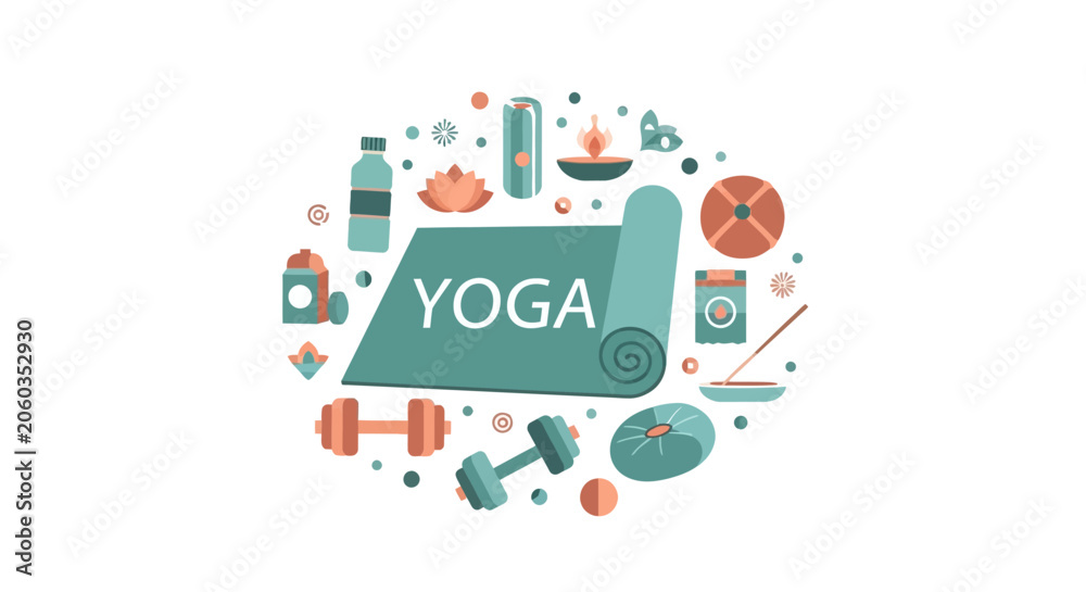 Fototapeta premium Wellness and Yoga Fitness Concept Illustration with Exercise Equipment, Mat, Lotus, and Meditation Tools in Minimalist Flat Design