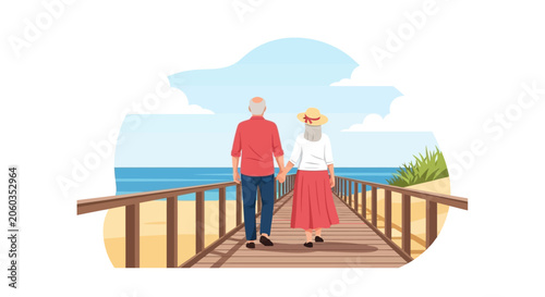 Senior Couple Walking Hand in Hand on Beach Boardwalk, Romantic Retirement Lifestyle and Vacation Concept Illustration