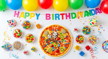 A colorful birthday celebration with a pizza and various treats isolated on white background