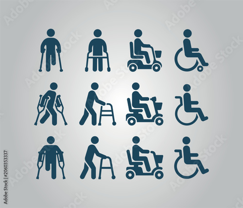Vector icons of people with disabilities and mobility aids