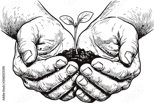 фотографія Detailed hand drawn illustration of human hands holding small seedling growing i