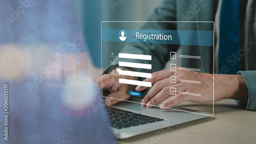 Business owners complete online surveys, register via online registration forms, register new users, and fill out application forms with personal information to create an account on the website.