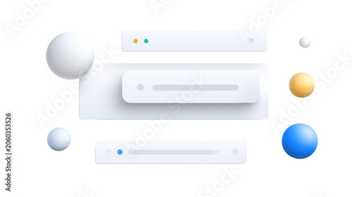 Minimal 3D user interface bars with floating spheres and soft shadows on transparent background