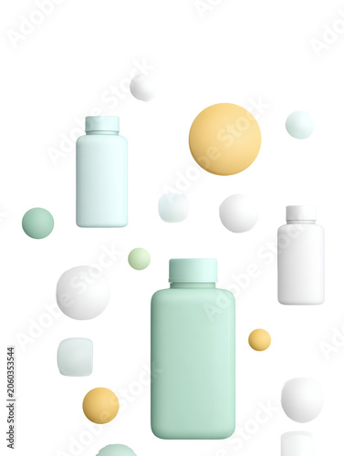 Minimal pastel supplement bottles with floating geometric spheres and cubes cosmetic packaging mockup