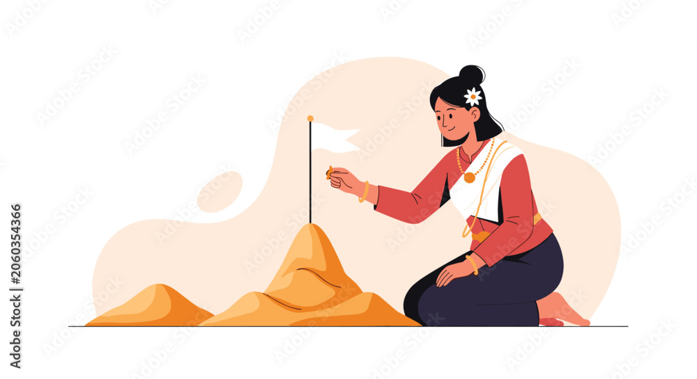 Fototapeta premium Woman dressed in traditional attire kneeling in the sand to place a small flag on top of a sand pagoda during a cultural festival.