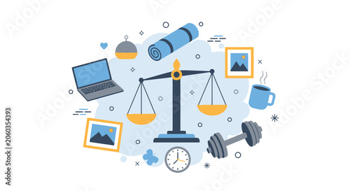 Work Life Balance and Time Management Concept Flat Vector Illustration