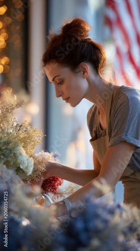 Female entrepreneur arranging dried flowers in a shop window with soft evening light for rustic boutique background and artisanal store display