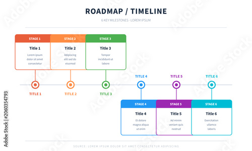 Horizontal roadmap timeline infographic template with 6 stages and milestones
