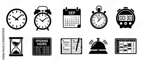 Comprehensive collection of time management and scheduling icons featuring clocks, calendars, stopwatches, and appointment planners for efficient organization.