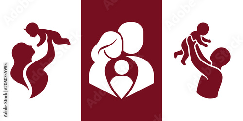 Quadro em tela Maroon silhouettes of parents and children