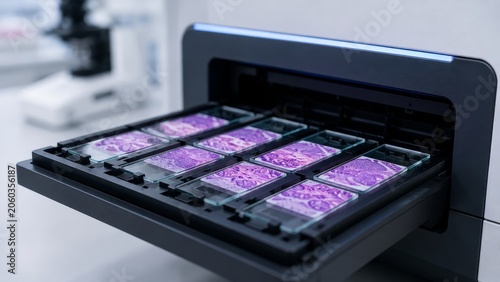 Histology Slides in Automated Scanner Tray for Digital Pathology