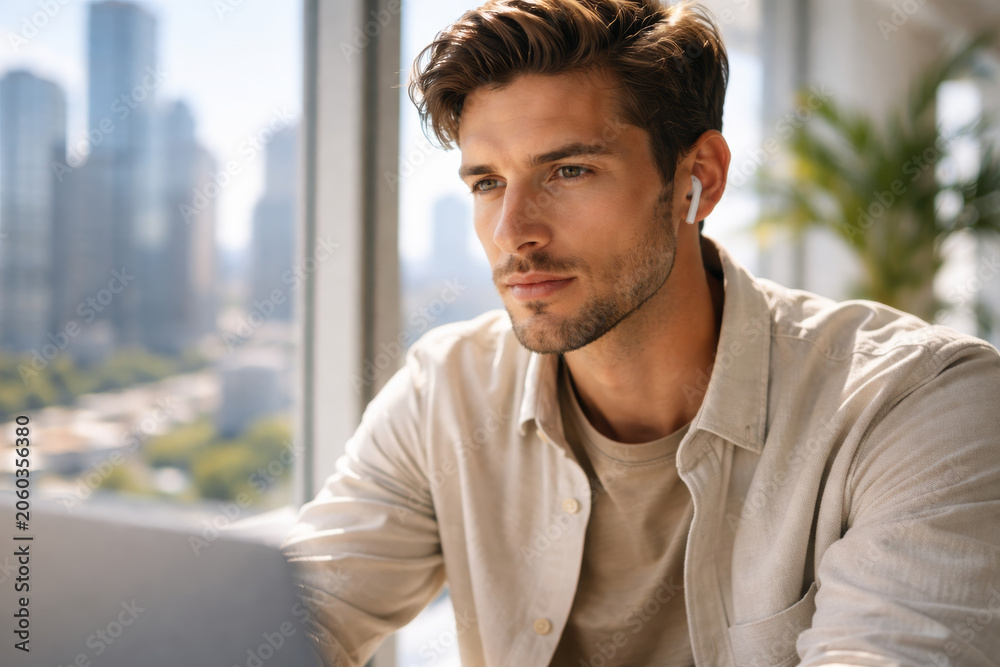 Fototapeta premium Focused young man using laptop with earbuds in city office