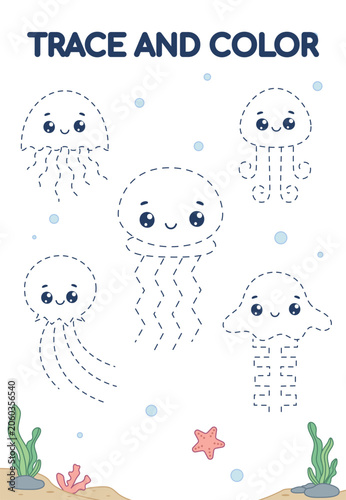 Trace and Color Jellyfish Worksheet for Kids. Nature theme activity for toddlers, kids. Cute ocean themed activity with marine animals for handwriting practice