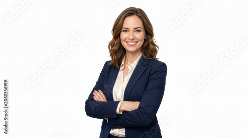 Confident Caucasian businesswoman in a navy blue suit with arms crossed, smiling in a professional portrait isolated on a white background.