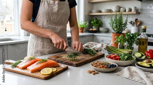 Better brain health concept. Person chopping herbs on a cutting board with fresh salmon and vegetables on the kitchen counter