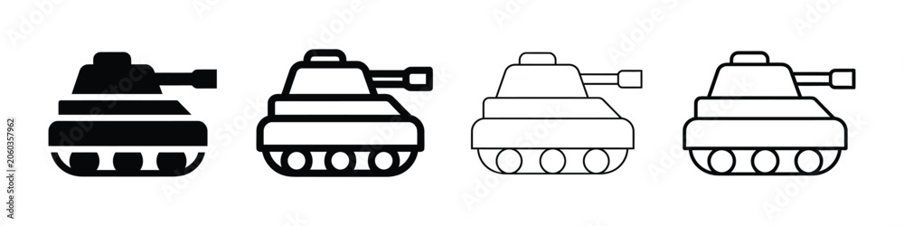 Fototapeta premium Set of four stylized tank outlines with varying detail and fill styles in a row isolated on white background