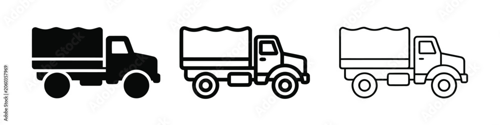 Fototapeta premium Military truck with canvas cover in three styles during daytime isolated on white background