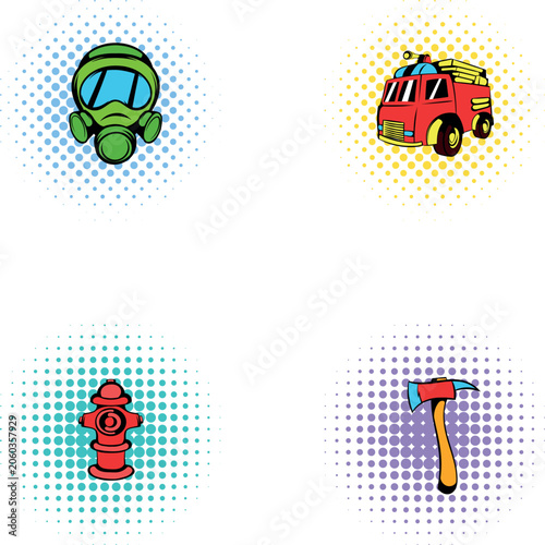 Firefighting emergency equipment flat icons in pop art comic style with halftone dots background