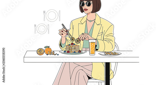 Stylish woman enjoying pancakes and juice at a cafe table