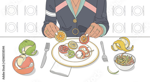 Stylized Person Arranging Citrus Fruit Slices on a Plate with Tableware