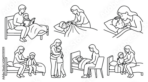 Fotografie Minimalist bedtime routine line art set, parents putting children to sleep vecto