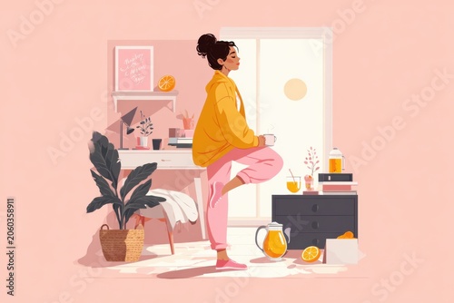 Woman practicing meditation balance enjoying morning self care routine