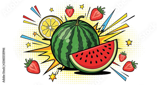 Summer Fruits Pop Art: Watermelon, Lemon, Strawberry Splash