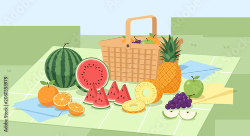 Summer Picnic Basket Full of Fresh Fruits - Healthy Food Illustration