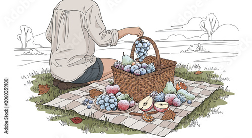 Summer Picnic Basket with Fruits and Person on Blanket, Outdoors