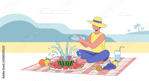 Summer Picnic Fun: Pouring Water on Watermelon Salad on Beach