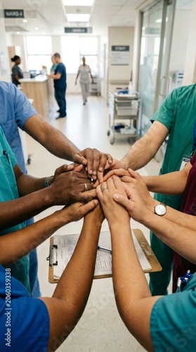 Diverse Medical Team Stacking Hands in Hospital Hallway, Unity and Support