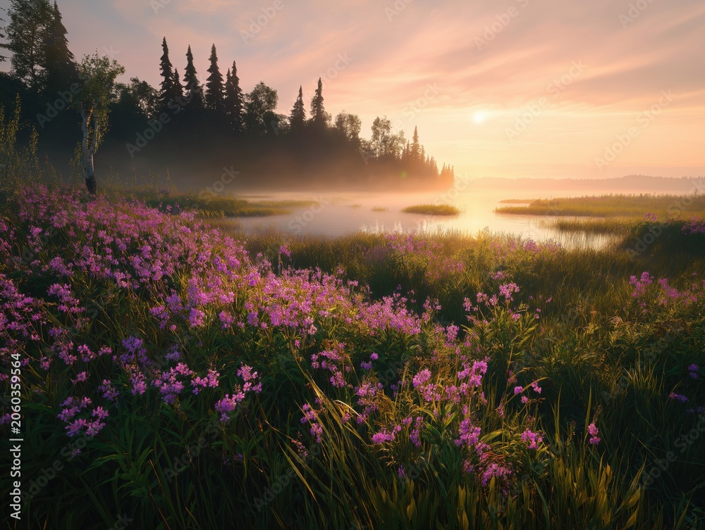 Naklejka premium Vibrant purple wildflowers bloom along the tranquil lake shore during a soft and golden summer sunrise