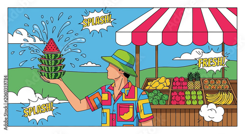 Summer Refreshment: Man Holding Watermelon Stack at Fruit Stand
