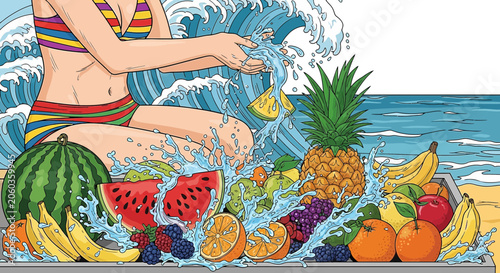 Summer Refreshment: Woman Washing Tropical Fruit by the Ocean