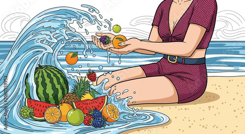 Summer Refreshment: Woman with Fresh Fruits and Crashing Wave on Sandy Beach