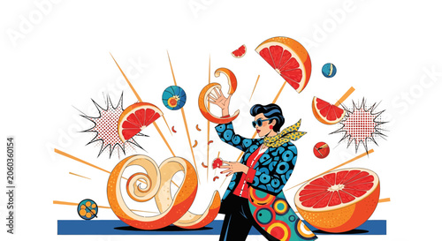 Surreal Citrus Juggler with Retro Style