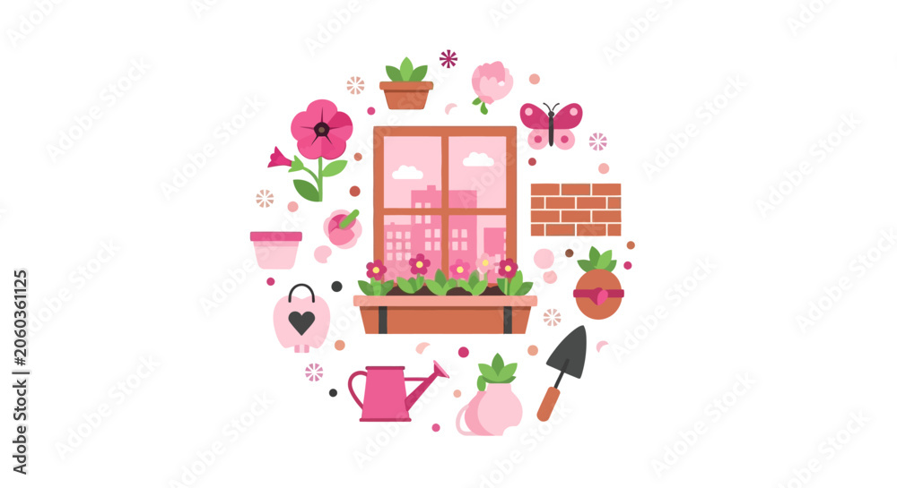 Fototapeta premium Flat Vector Illustration of Urban Window Gardening with Pink Flowers, Watering Can, and Gardening Tools in a Circular Composition